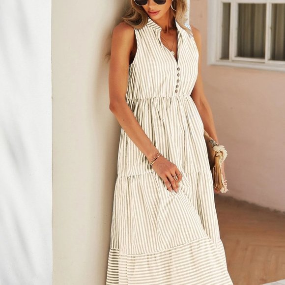 Multicolor Boho Womens Striped Print Notched Neck A-line Dress - Picture 3 of 5